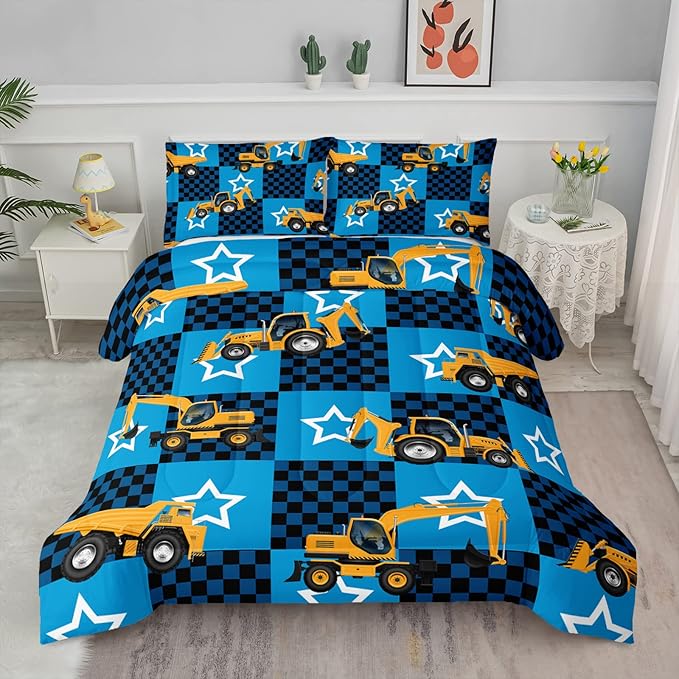 Axolotl Excavator Comforter Set Queen Size,Blue Plaid Comforter Set with Star,Excavator Bedding Set for Kids Boys Teens,Construction Vehicle Comforter Set for Boys,1 Quilt 2 Pillowcases