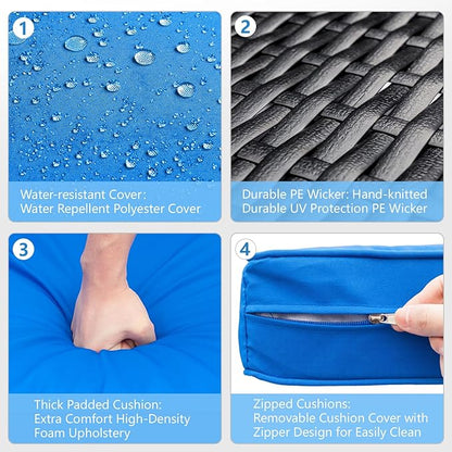 Outvita OutdoorRattan Conversation Set, 7 Pieces PE Rattan Sofa Wicker Patio Furniture Sets with Waterproof Soft Cushion for Backyard Porch Garden Poolside (Black & Blue)