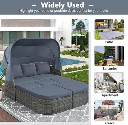 Rectangle Furniture Daybed Sunbed with Retractable Canopy, Outdoor Wicker Conversation Set with Cushions for Patio, Backyard, Porch, Garden, Onesize, Hb-Gray
