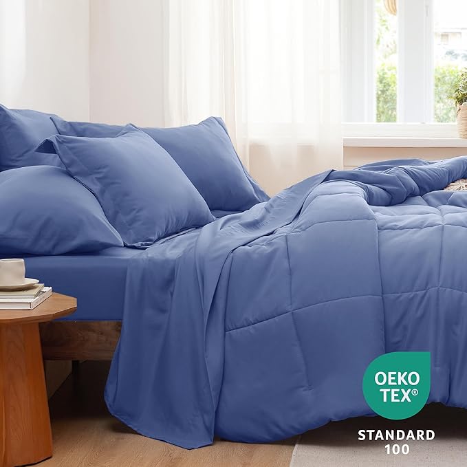 Bedsure Infinity Blue Queen Comforter Set - 7 Pieces Solid Queen Bed in a Bag, Queen Bed Set Infinity Blue with Comforters, Sheets, Pillowcases & Shams