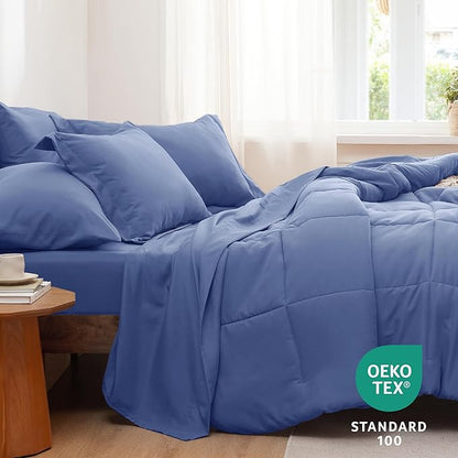 Bedsure Infinity Blue Queen Comforter Set - 7 Pieces Solid Queen Bed in a Bag, Queen Bed Set Infinity Blue with Comforters, Sheets, Pillowcases & Shams