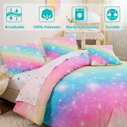 Glitter Galaxy Comforter Set 6 Pcs Bed in A Bag, Ombre Pink Blue Rainbow Girls Full Size Bedding Sets with Sheets
