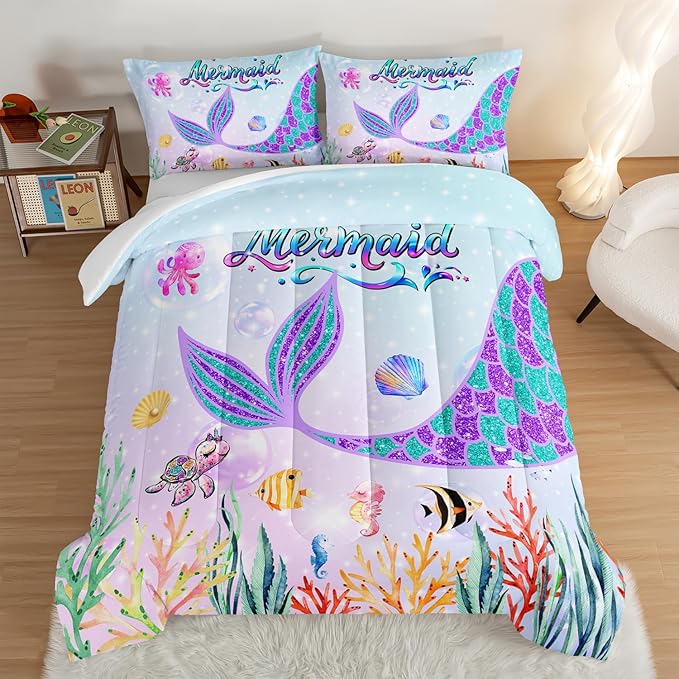 HOSIMA Mermaid Tail Comforter Set for Kids Girls Teens Bedroom Decor,Cartoon Scallop Sea Turtle Sea Horses Octopus Kawaii Bedding Set Mermaid Fish Scale Queen Comforter Set.Ocean Comforter