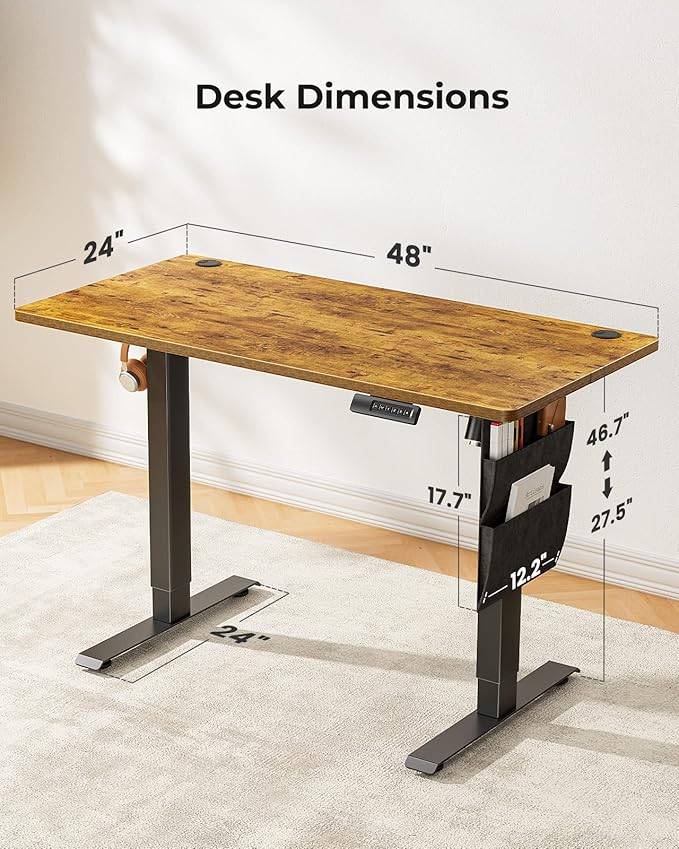 Marsail Standing Desk Adjustable Height, 48x24 Inch Electric Standing Desk with Storage Bag, Stand up Desk for Home Office Computer Desk Memory Preset with Headphone Hook