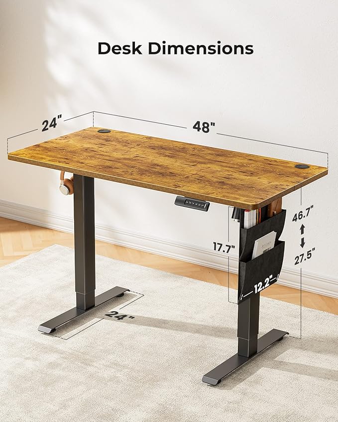 Standing Desk Adjustable Height, Electric Standing Desk with Starage Bag, Stand up Desk for Home Office Computer Desk Memory Preset with Headphone Hook, 48x24 Inch, Rustic