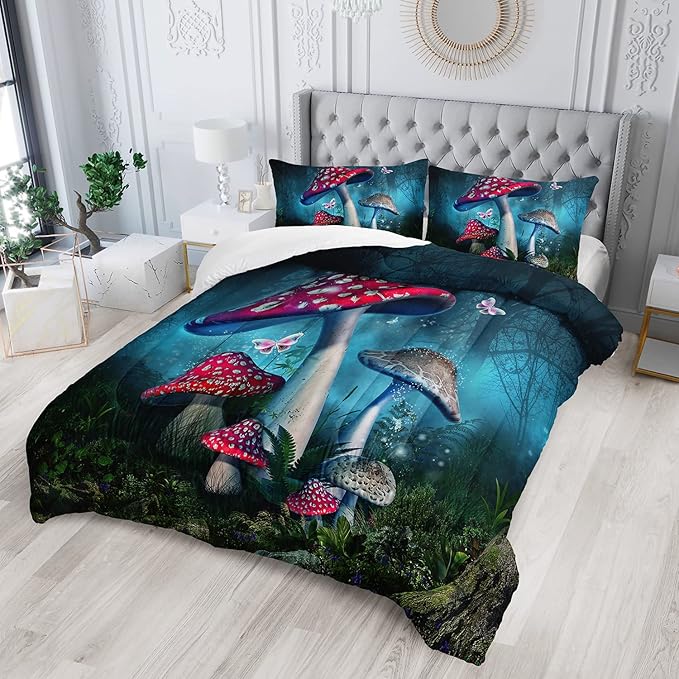 Red Mushroom Kawaii Comforter Set Twin Size Kids Mushroom Butterfly Bedding Set Botanical Plant Theme Print Quilt Bed Set for Boys Girls Adults with 1 Comforter and 2 Pillowcases