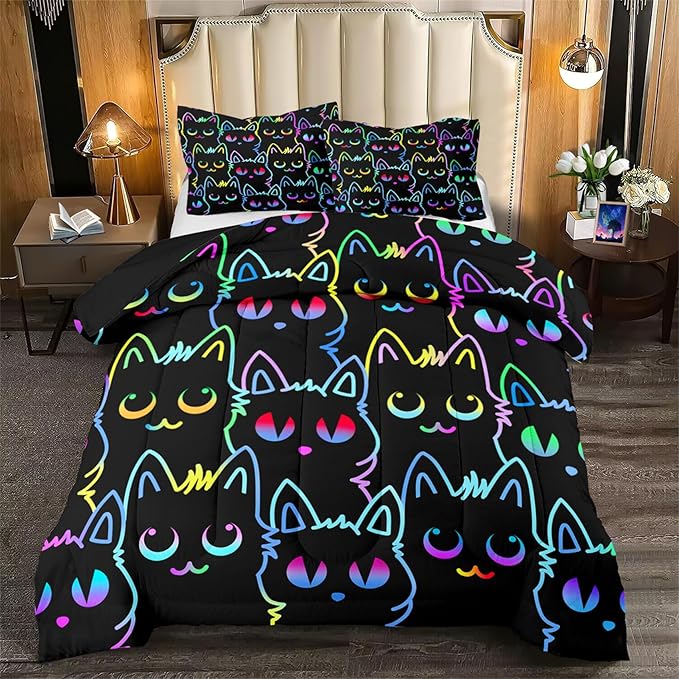 Cat Comforter Set for Girls Room - Colorful Cartoon Cats Bedding Set for Girls Bedroom Girls Room Decor Ultra Soft Cats Comforter Set for All-Season with 1 Comforter and 2 Pillowcases, Queen Size