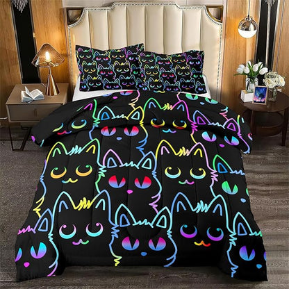 Cat Comforter Set for Girls Room - Colorful Cartoon Cats Bedding Set for Girls Bedroom Girls Room Decor Ultra Soft Cats Comforter Set for All-Season with 1 Comforter and 2 Pillowcases, Queen Size