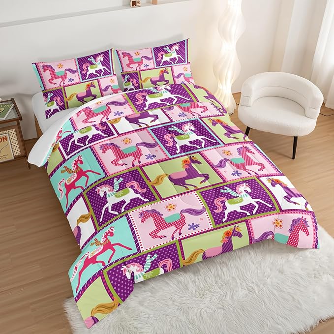 HOSIMA 3Pcs Kawaii Kids Horse Comforter Set with 2 Pillowcases,Colorful Dots Style Twin Bed in a Bag Sets for Adults Teens,Horse Pony Twin Comforter Princess Toddler Bedding Set.