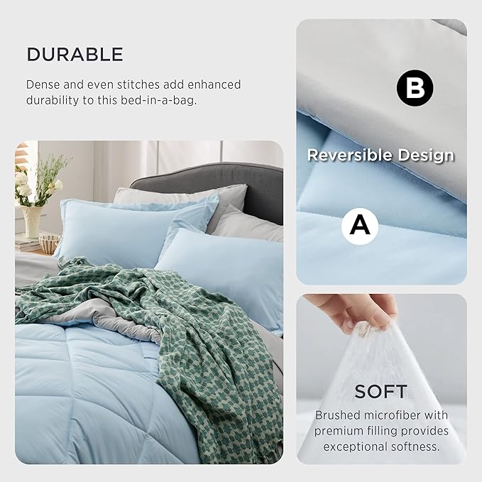 Bedsure Sky Blue King Size Comforter Set - 7 Pieces Reversible King Bed in a Bag King Bed Set with Comforters, Sheets, Pillowcases & Shams, King Bedding Sets
