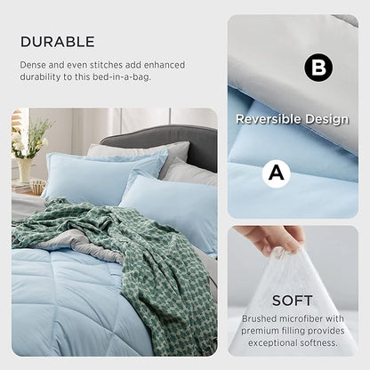 Bedsure Sky Blue King Size Comforter Set - 7 Pieces Reversible King Bed in a Bag King Bed Set with Comforters, Sheets, Pillowcases & Shams, King Bedding Sets