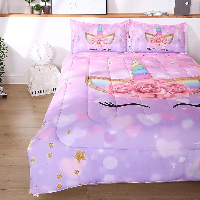 Unicorn Kid's Comforter Set 3pc Pink Flower Girl Soft Unicorn Bedding Sets