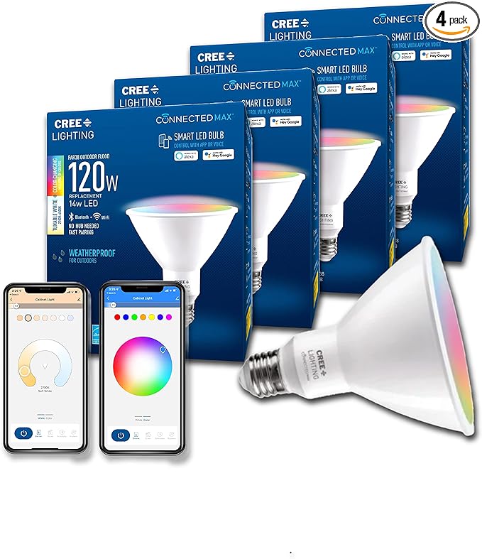 Cree Lighting Connected Max Smart Led Bulb Par38 Outdoor Flood Tunable White + Color Changing, 2.4 Ghz, Compatible with Alexa and Google Home, No Hub Required, Bluetooth + WiFi, Pack of 4