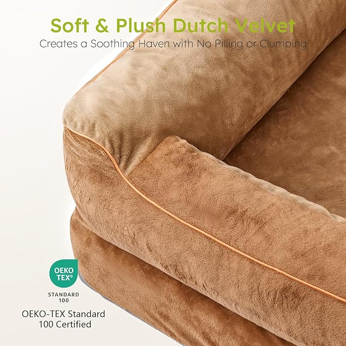 XXL Dog Bed for Extra Large Dogs, Giant Orthopedic Dog Bed with Cooling Gel Memory Foam, Waterproof Dog Bed with Removable Washable Cover, 53" Dog Sofa Bed Dutch Velvet with Bone Toy, Brown
