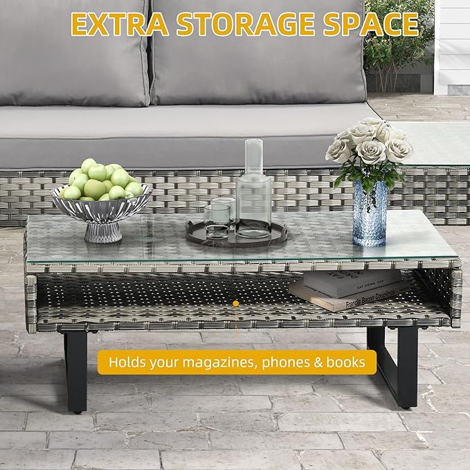 DWVO Patio Furniture Set, Sectional L-Shaped Sofa, for Patio Backyard Poolside Porch, Wicker Conversation Set with Coffee Table & Cushions, Detachable Lounger, All-Weather Rattan, Grey