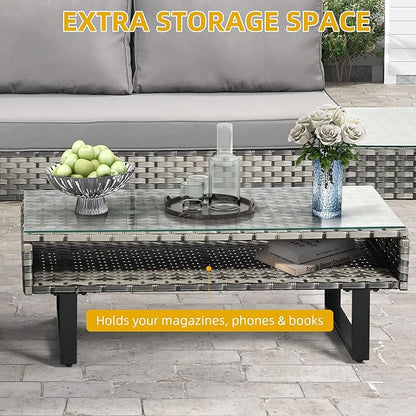 DWVO Patio Furniture Set, Sectional L-Shaped Sofa, for Patio Backyard Poolside Porch, Wicker Conversation Set with Coffee Table & Cushions, Detachable Lounger, All-Weather Rattan, Grey