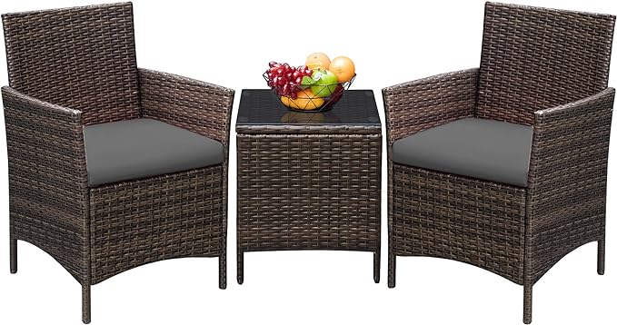 Greesum 3 Pieces Patio Furniture Sets Outdoor PE Rattan Wicker Chairs with Soft Cushion and Glass Coffee Table for Garden Backyard Porch Poolside, Brown and Gray