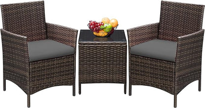 Greesum 3 Pieces Patio Furniture Sets Outdoor PE Rattan Wicker Chairs with Soft Cushion and Glass Coffee Table for Garden Backyard Porch Poolside, Brown and Gray
