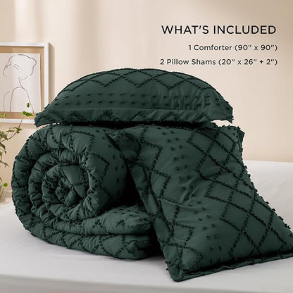 Bedsure Queen Comforter Set - Dark Emerald Green Comforter, Forest Green Boho Tufted Shabby Chic Bedding Comforter Set, 3 Pieces Vintage Farmhouse Bed Set with 2 Pillow Shams for All Seasons