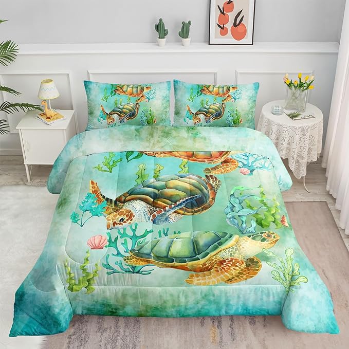 Datura home Sea Turtle Comforter Bedding Set for Kids Teens Adults,Watercolor Sea Turtle Light-Green and Blue Coral Seaweed Ocean Themed Comforter with 2 Pillowcases(Turtle Queen),Green Turtle