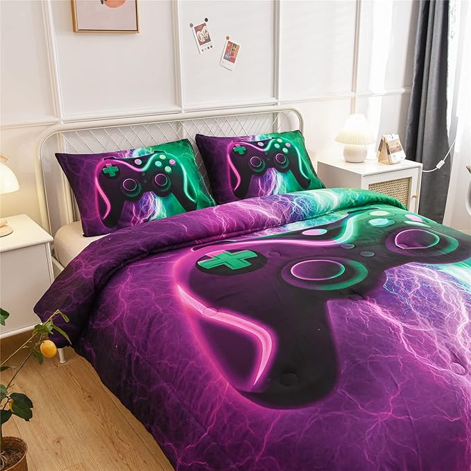 Meeting Story Gamer Gaming Bedding Sets Red Blue Lightnings Gamepad Comforter Set for Boys Games Console Action Buttons Novelty Colorful Modern Room Decor Home Quilt Set (Green-Purple, Full)