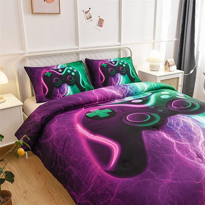 Meeting Story Gamer Gaming Bedding Sets Red Blue Lightnings Gamepad Comforter Set for Boys Games Console Action Buttons Novelty Colorful Modern Room Decor Home Quilt Set (Green-Purple, Full)