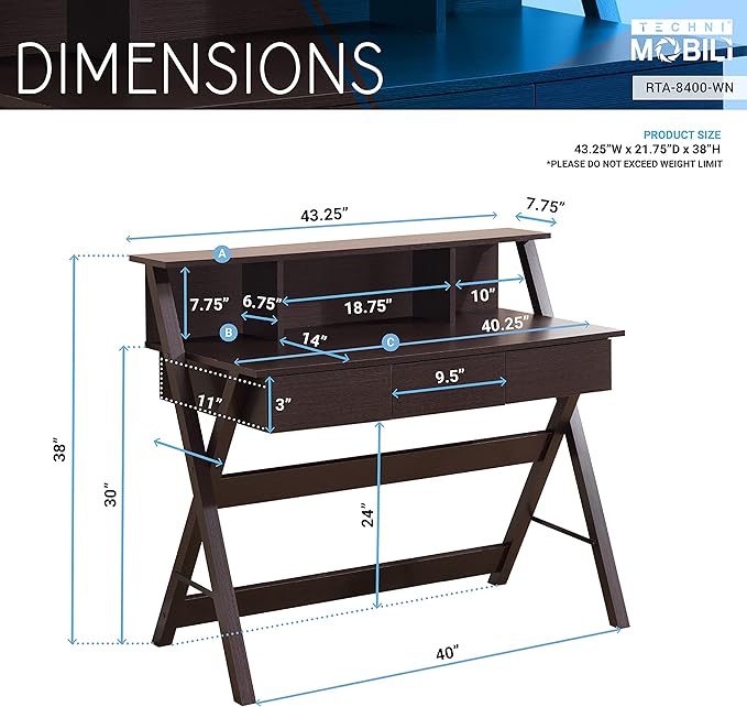 NicBex Laik-DW-00040-DX Desks, 43.25" W x 21.75" D x 38" H, Brown