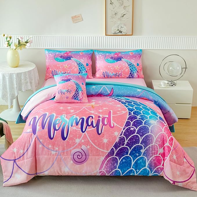 RYNGHIPY Mermaid Kids Girls Comforter Set Queen Size Pink Blue Gradient Fish Tail Bed in a Bag - includes Comforter & Sheet Set for Teens Girls Super Soft Kids Bedding