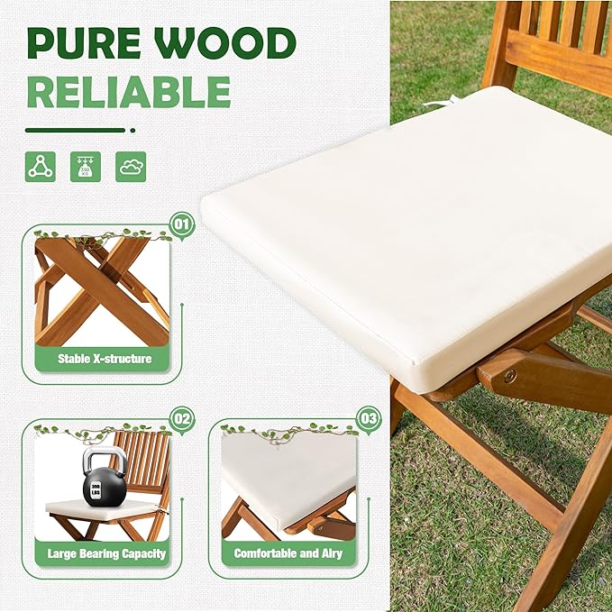 Greesum 3 Piece Patio Folding Furniture Bistro Set with 2 Chairs and Square Table for Pool Beach Backyard Balcony Porch Deck Garden, Acacia Wood