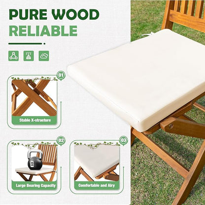 Greesum 3 Piece Patio Folding Furniture Bistro Set with 2 Chairs and Square Table for Pool Beach Backyard Balcony Porch Deck Garden, Acacia Wood