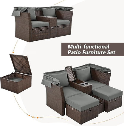 2-Seater Outdoor Patio Convertible Sunbed, All Weather Rattan Double Daybed Couch Foldable Awning, Cushions and Storage Boxes, Loveseat Sofa Set for Garden, Poolside, Balcony, Ab-Aa-Grey