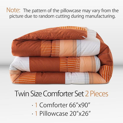 Andency Stripe Comforter Set Twin Size (66x90 Inch), 2 Pieces Terracotta Patchwork Striped Comforter, Soft Microfiber Down Alternative Comforter Bedding Set with Corner Loops