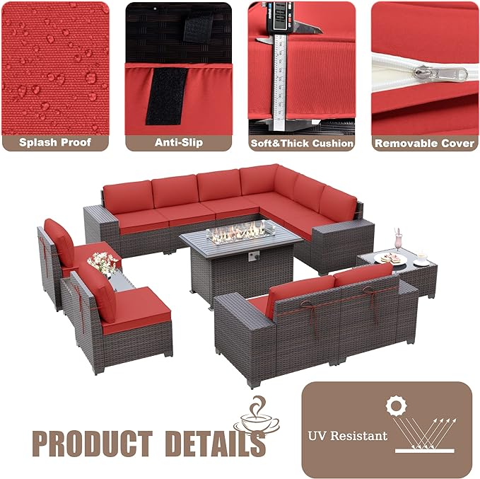 Patio Furniture Sectional Sofa Set 13-Pieces PE Rattan Patio Conversation Set w/43in Gas Fire Pit Table, Outdoor Furniture with 55000 BTU Propane Fire Pit, Red