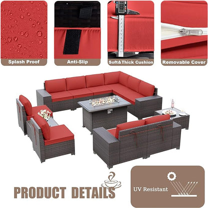 Patio Furniture Sectional Sofa Set 13-Pieces PE Rattan Patio Conversation Set w/43in Gas Fire Pit Table, Outdoor Furniture with 55000 BTU Propane Fire Pit, Red