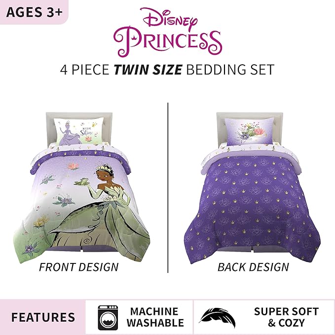 Disney Princess Tiana Kids Bedding Super Soft Microfiber Comforter And Sheet Set, 4 Piece Twin Size, "Official" Disney Product By Franco