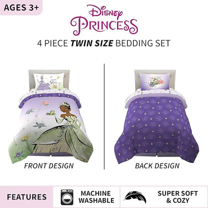 Disney Princess Tiana Kids Bedding Super Soft Microfiber Comforter And Sheet Set, 4 Piece Twin Size, "Official" Disney Product By Franco