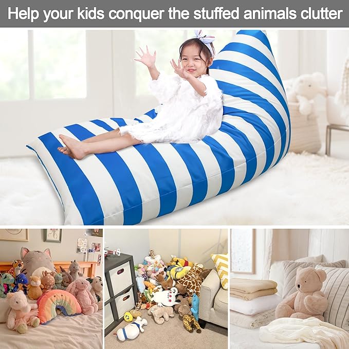Jorbest Bean Bag Stuffed Animal Storage, Luxury Velvet Bean Bag Covers Only without Filling, Stuffed Animal Bean Bag Storage, Bean Bag Chair for Adults and Kids, (Stripe White Blue, 200L/52 Gal)