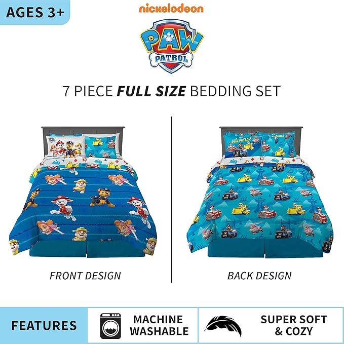 Franco Kids Bedding Super Soft Comforter and Sheet Set with Sham, 7 Piece Full Size, Paw Patrol