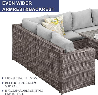 7-Pieces Furniture, PE Wicker Rattan Sets with Dining Ottomans, Patio Table and Chairs, Outdoor Sectional Sofa, Ec-Grey