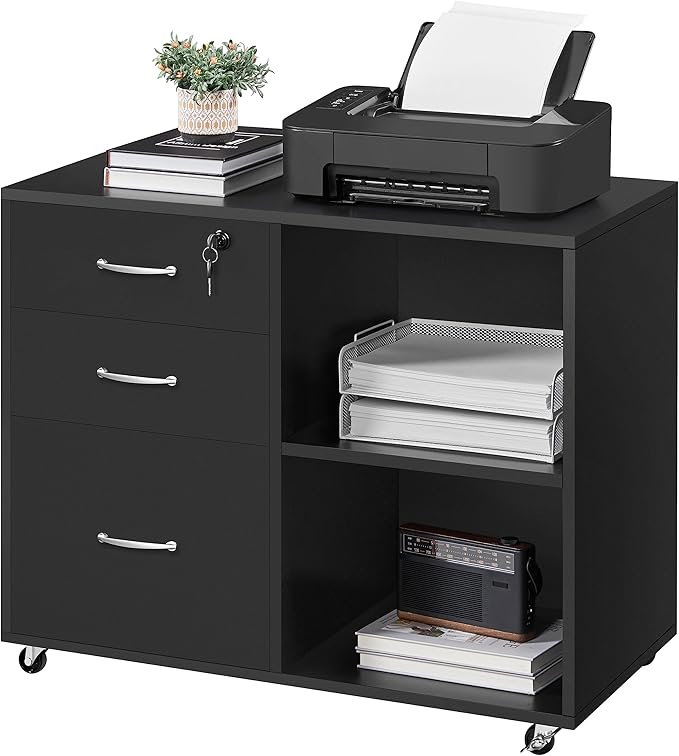 Yaheetech Black File Cabinet with Lock for Letter, A4 Size,3 Drawer Lateral Filing Cabinet Printer Stand with Open Storage Compartments,Mobile Filing Cabinet for Home Office, Black