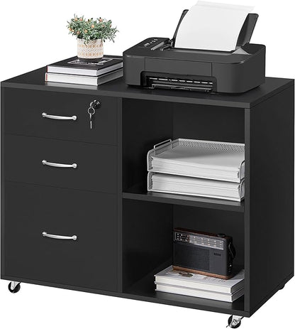 Yaheetech Black File Cabinet with Lock for Letter, A4 Size,3 Drawer Lateral Filing Cabinet Printer Stand with Open Storage Compartments,Mobile Filing Cabinet for Home Office, Black