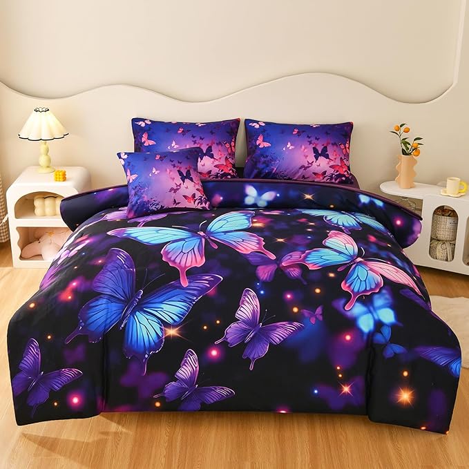 DORCAS Butterfly Comforter Sets for Girls,Full Size Butterfly Bedding Sets Girls,6 Pieces Girls Bedding Sets Full with Comforter Sheets for Teens Kids