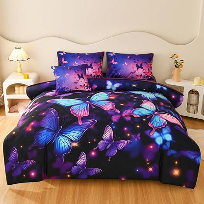 DORCAS Butterfly Comforter Sets for Girls,Full Size Butterfly Bedding Sets Girls,6 Pieces Girls Bedding Sets Full with Comforter Sheets for Teens Kids