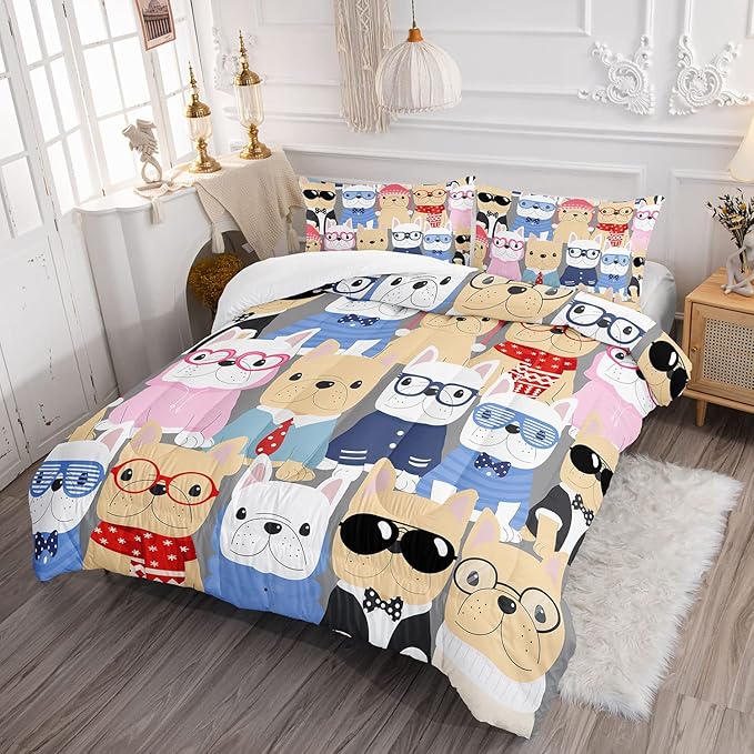Datura home Dog Comforter Beddding Set for Kids Children,Puppy Pug Cute Dog Pattern Cartoon Career Pet Bedding Set with 1 Comforter and 2 Pillowcases(Dog Full)