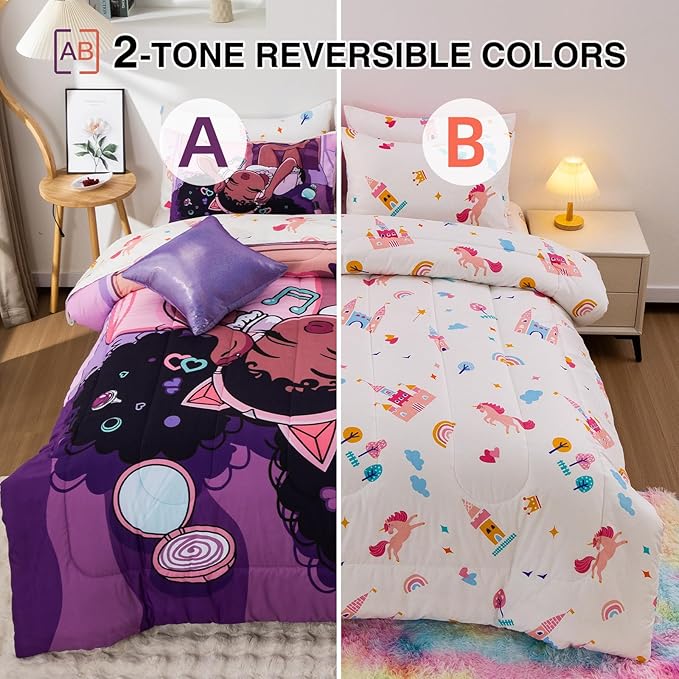 A Nice Night Purple Comforter Sets,Black Girl Listening Music Printed, 6Pcs Bed in A Bag Full Size All Seasons Bedding Set,for Kids, Girls