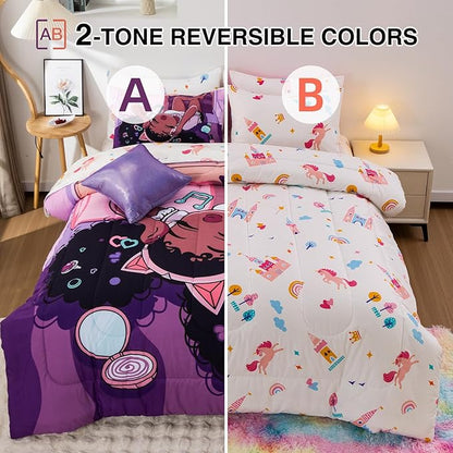 A Nice Night Purple Comforter Sets,Black Girl Listening Music Printed, 6Pcs Bed in A Bag Full Size All Seasons Bedding Set,for Kids, Girls