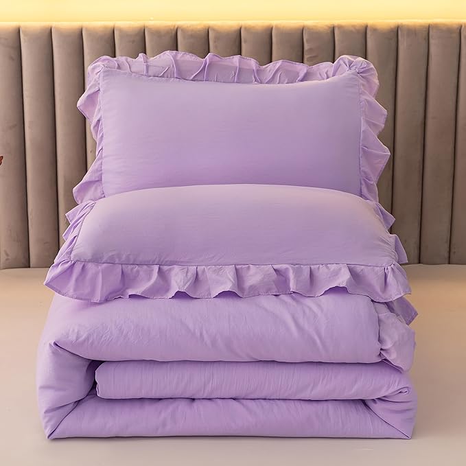 Andency Lavender Twin Size Comforter(66x90Inch), 2 Pieces(1 Ruffle Comforter and 1 Pillowcase) Solid Farmhouse Shabby Chic Comforter, Lighteweight and Soft Microfiber Bedding Set