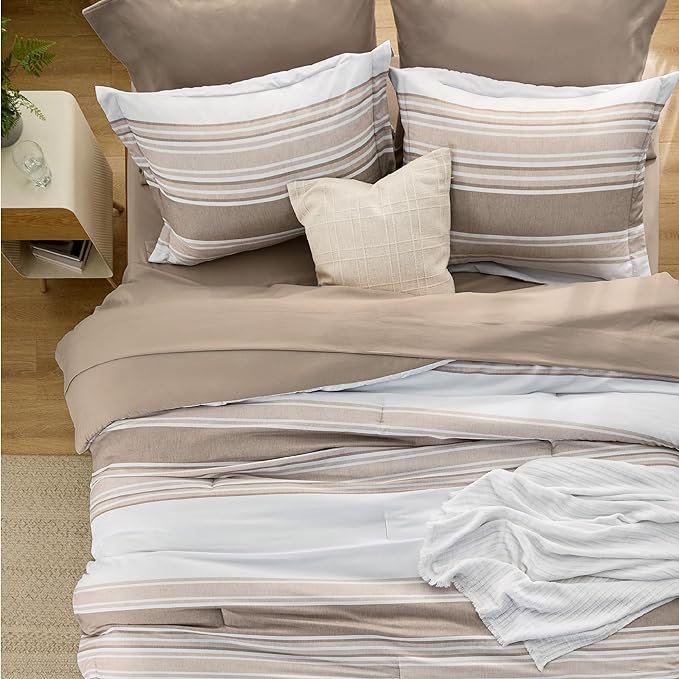 Bedsure Brown Twin Size Comforter Sets 5 Pieces - Striped Beddding sets, Bed in a Bag Twin with Comforter, Fitted Sheet, Flat Sheet, Pillowcase & Shams