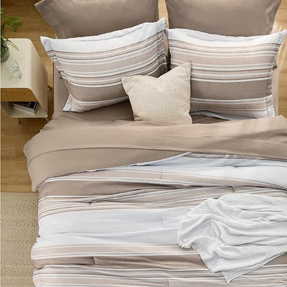 Bedsure Brown Twin Size Comforter Sets 5 Pieces - Striped Beddding sets, Bed in a Bag Twin with Comforter, Fitted Sheet, Flat Sheet, Pillowcase & Shams