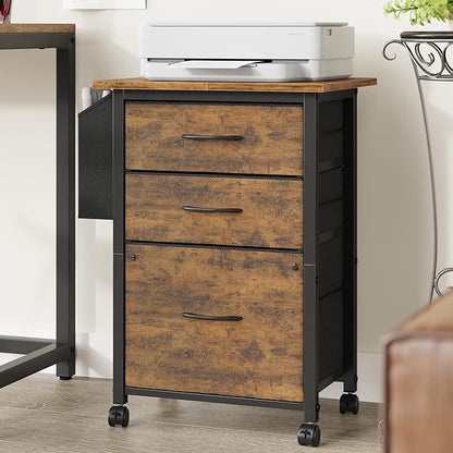 3 Drawer File Cabinet with 18'' Extended Board, Fabric Drawer, Mobile Filing Cabinet Fits A4/Letter Size Files, Rolling Printer Stand with Storage Bag, File Cabinet Home Office, Rustic Brown